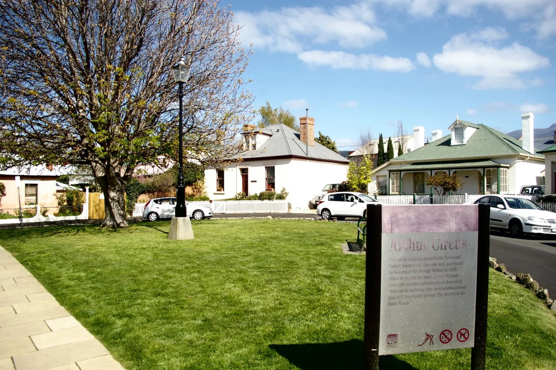 Cottages arranged around Arthur Circus in Battery Point