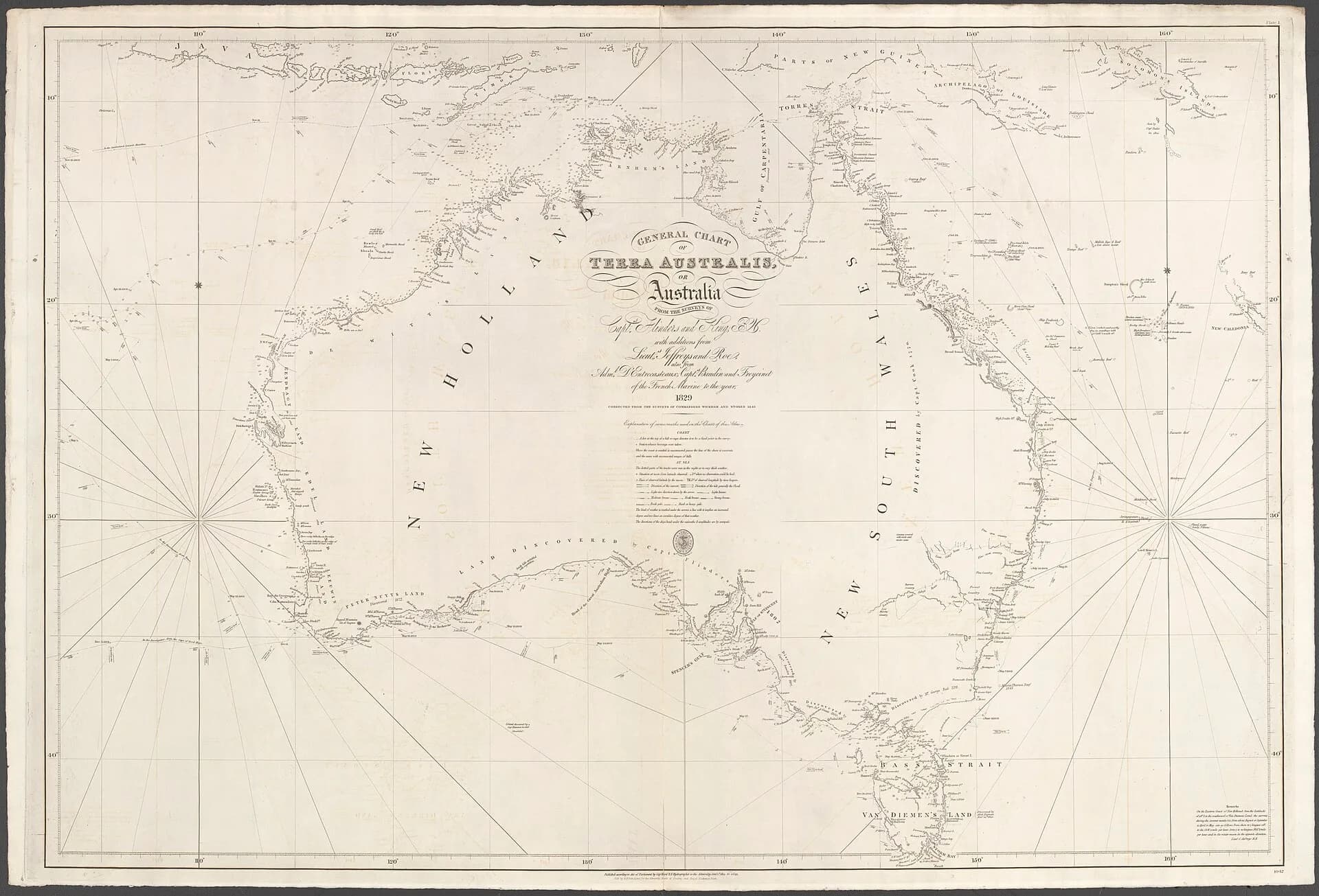 Historic chart showing Tasmania and mainland Australia
