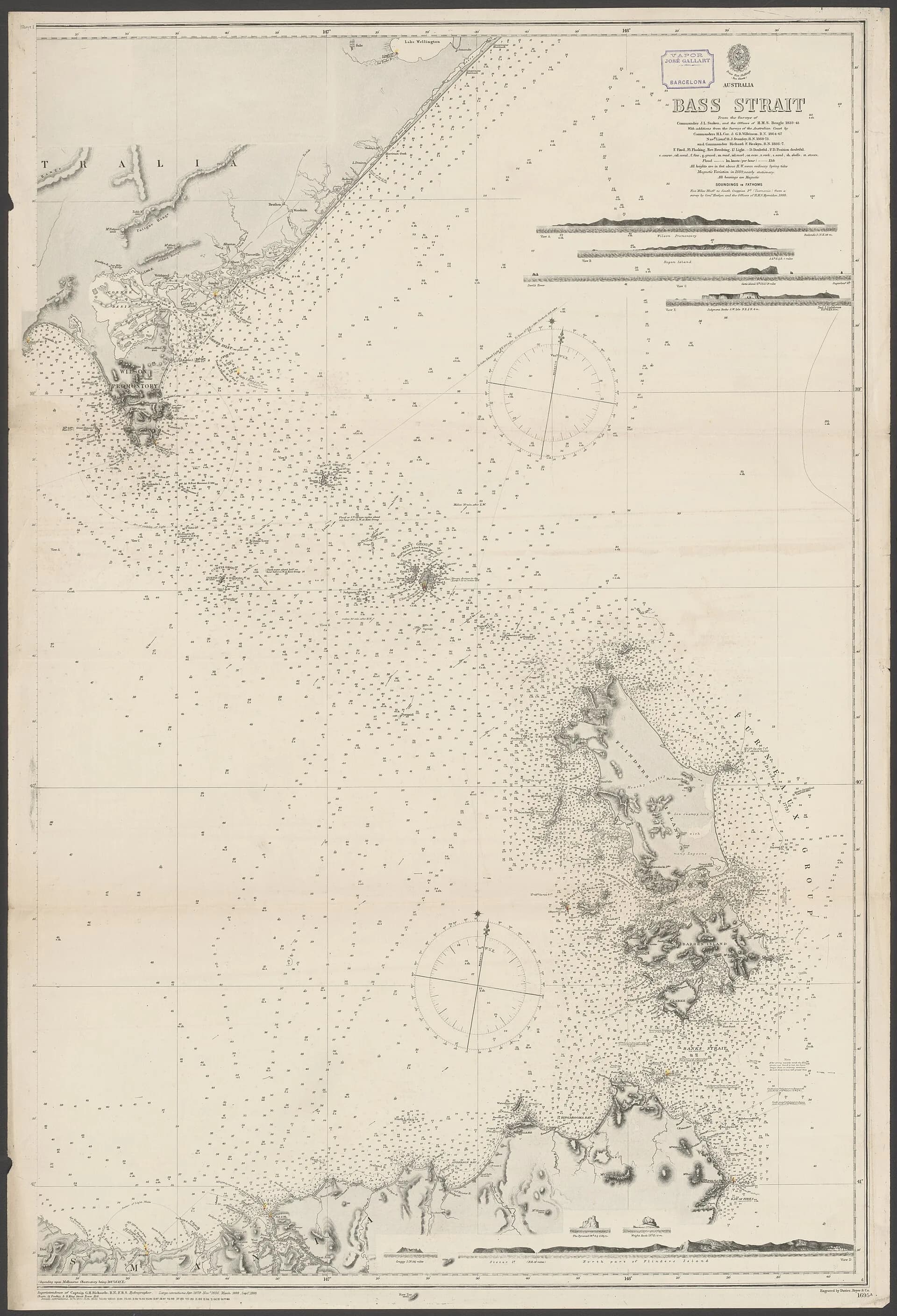 Nineteenth-century nautical chart of Bass Strait and Tasmania