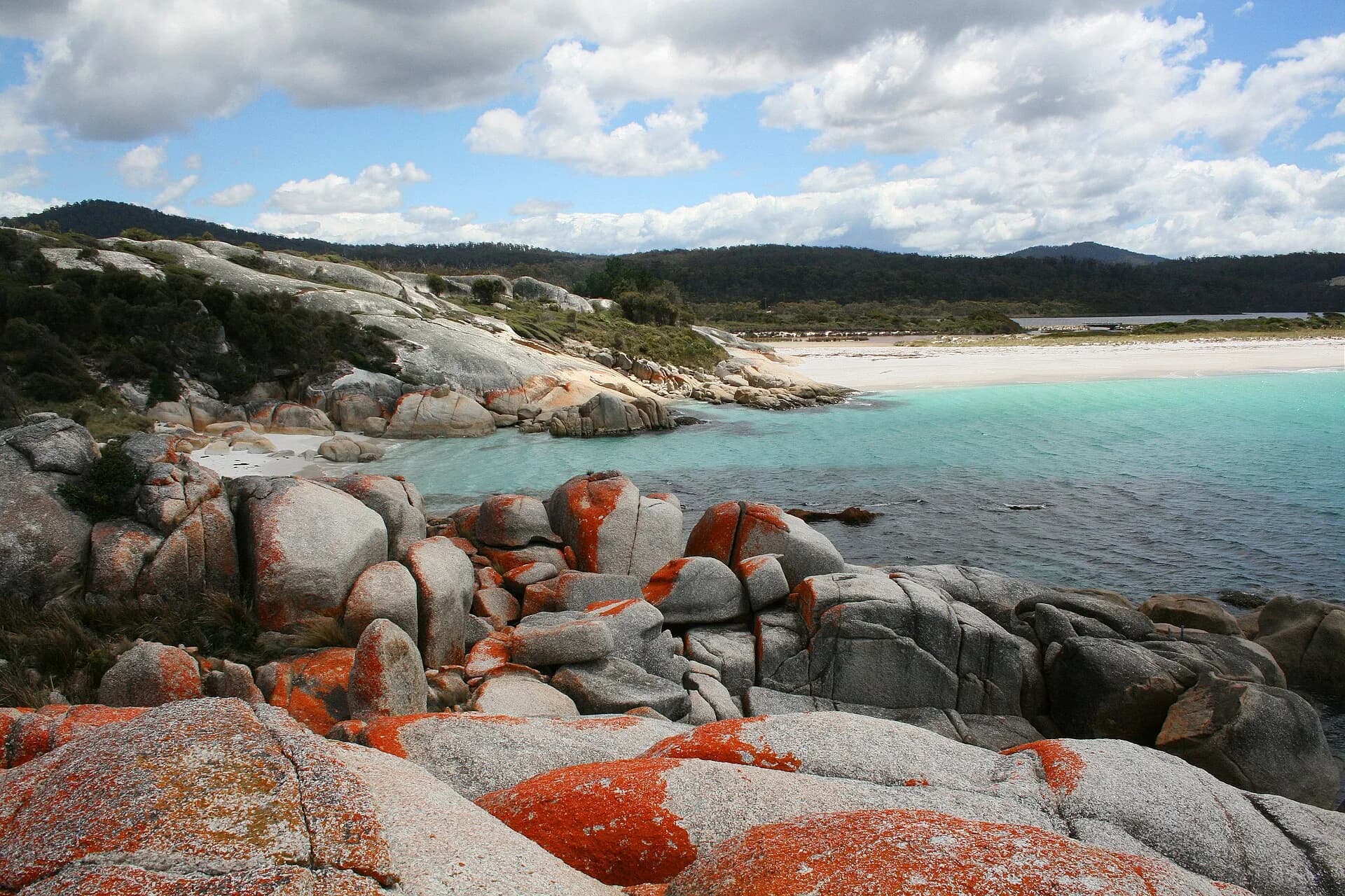 Orange-lichen granite beside clear water