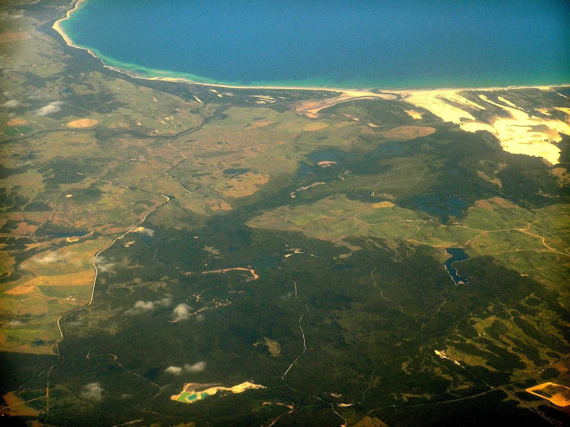 Aerial view of Boobyalla Beach, river mouth and dunes