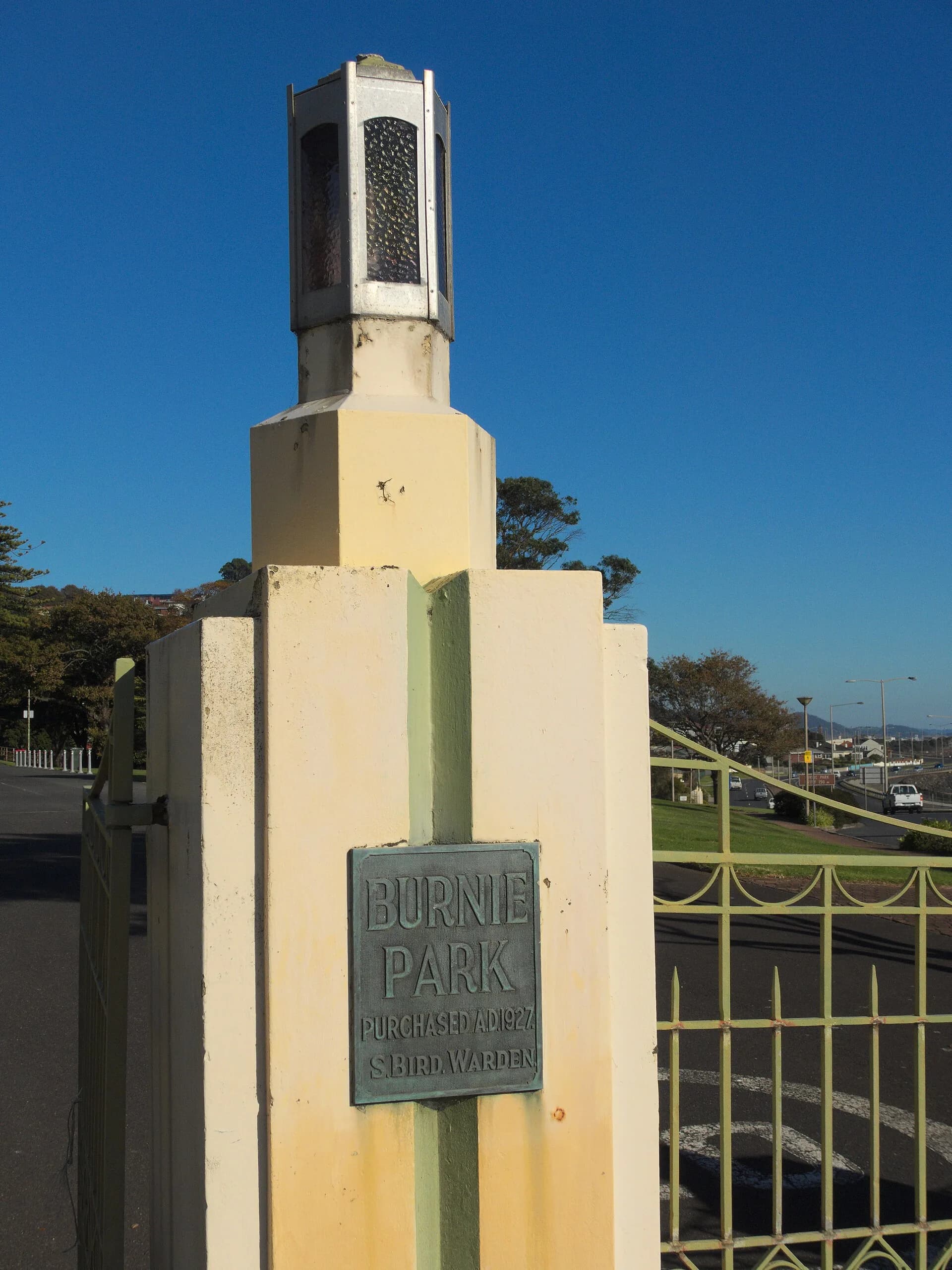 Stone entrance gatepost at Burnie Park