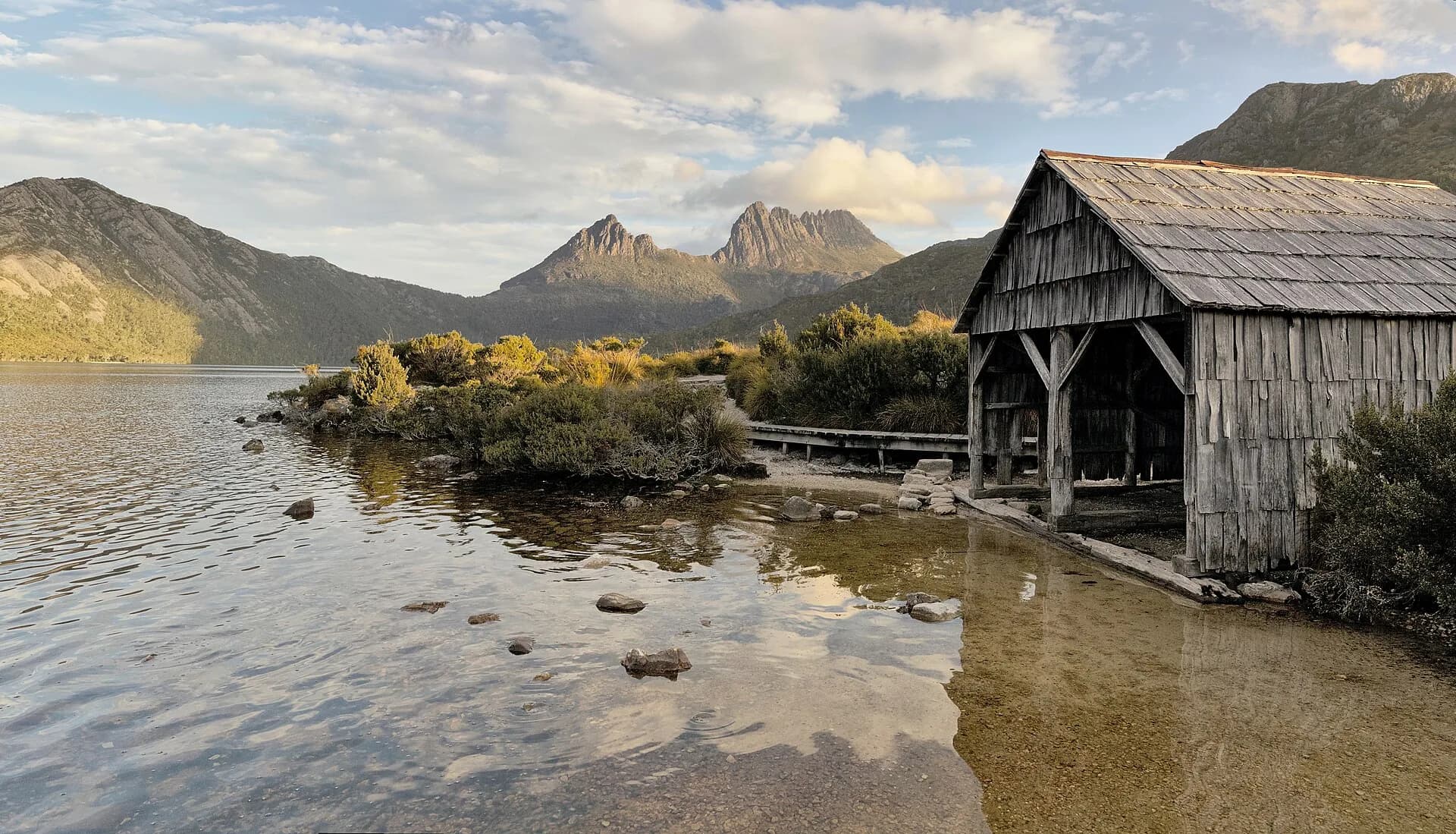 Historic boatshed beside Dove Lake below Cradle Mountain