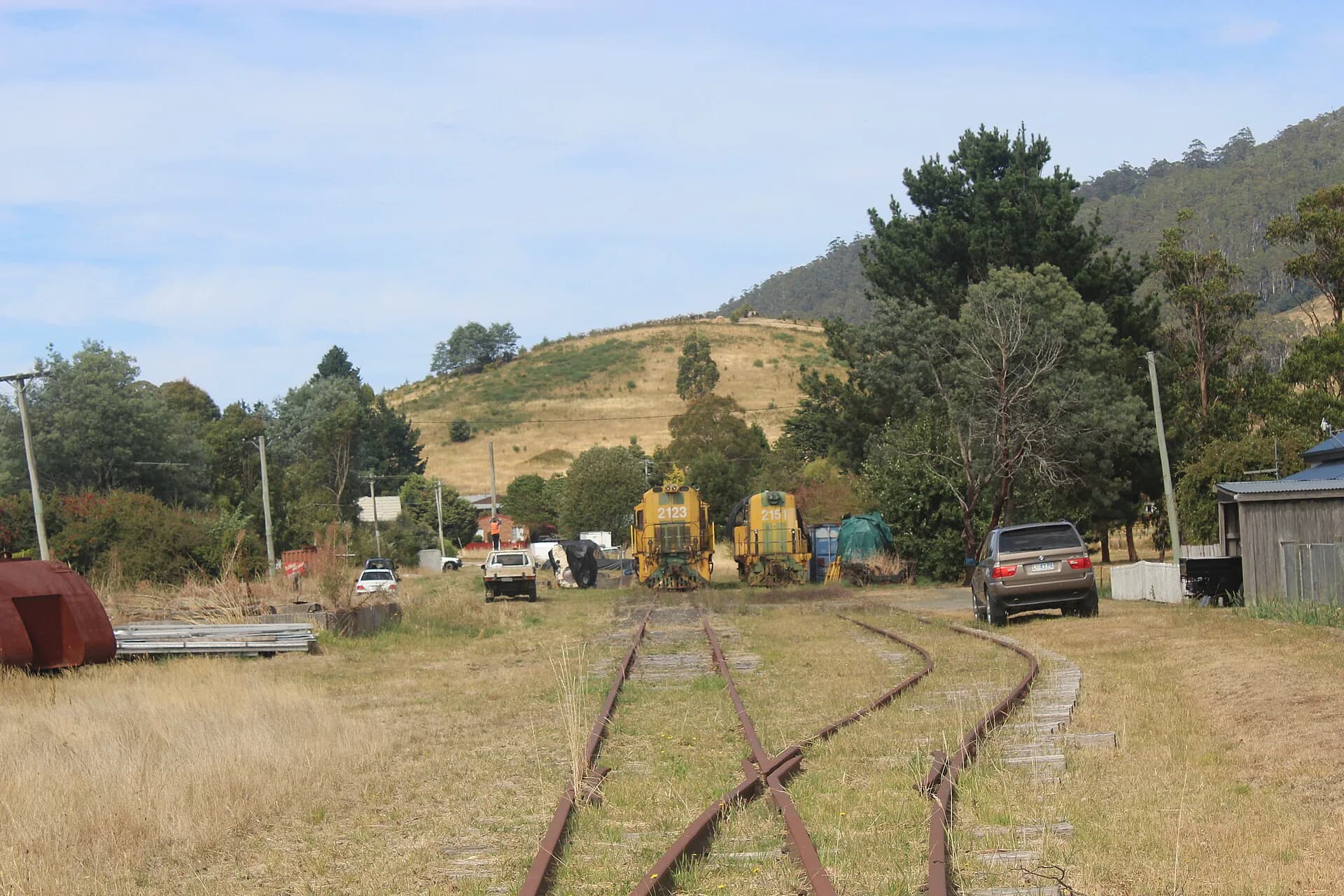 Stored diesel locomotives beside the former railway at Lilydale in northern Tasmania