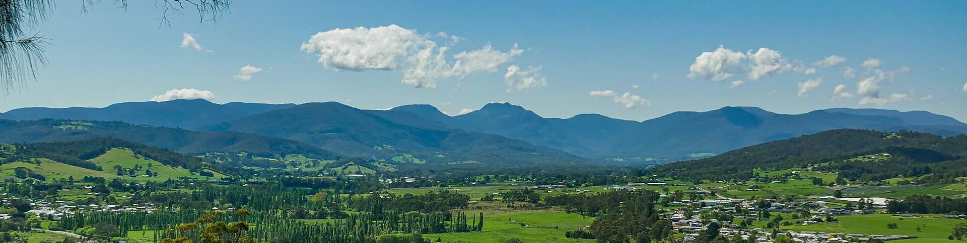 Huon Valley farms, forest and distant hills