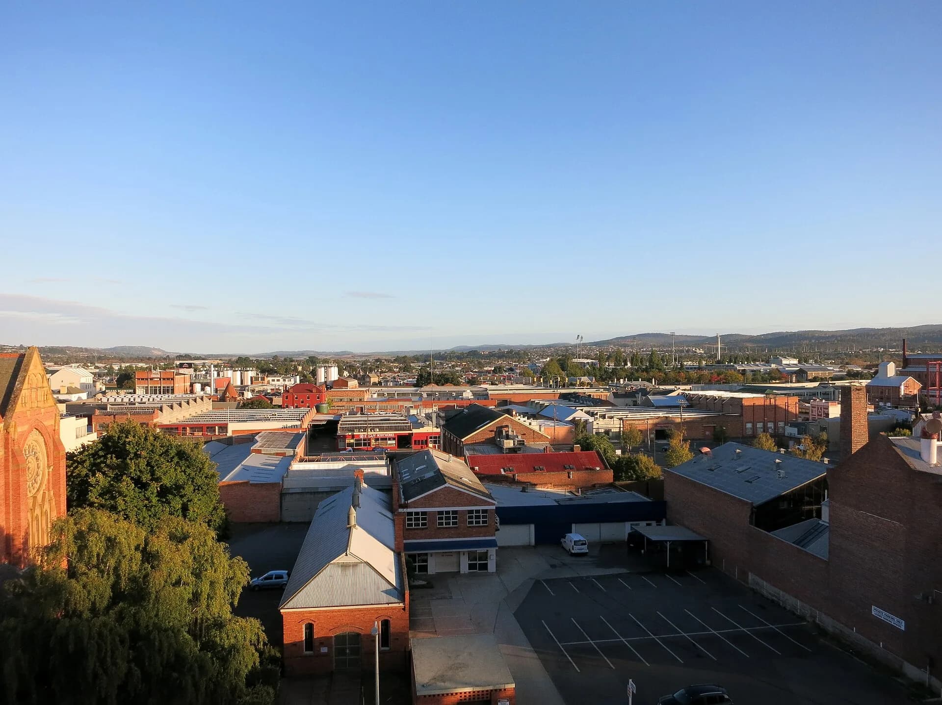 View across the Launceston city grid and surrounding hills