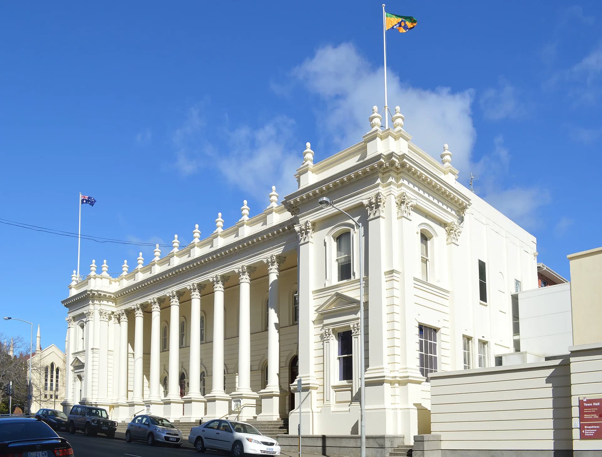 The columned facade of Launceston Town Hall seen across Civic Square