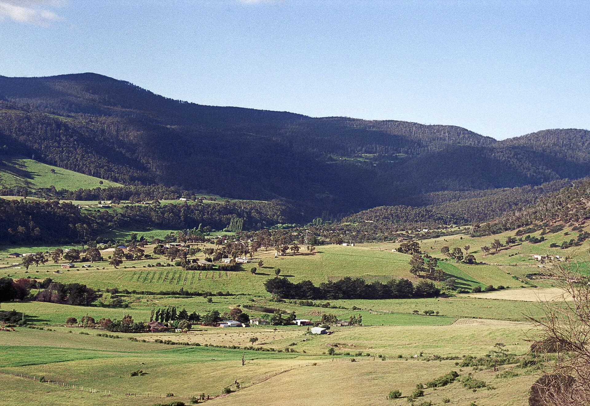 Rural road and wooded hills in a Tasmanian valley