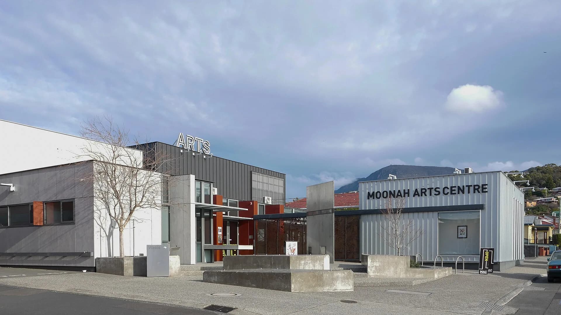 Modern entrance and forecourt of Moonah Arts Centre