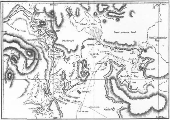 Historic map showing southern Tasmanian districts and waterways