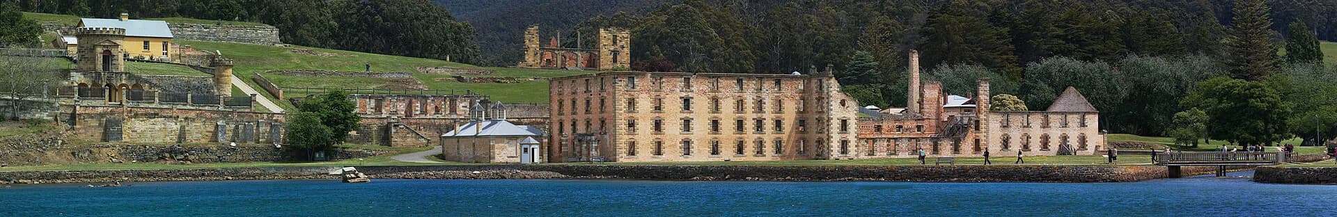 A wide view across the surviving buildings and grounds of Port Arthur Historic Site