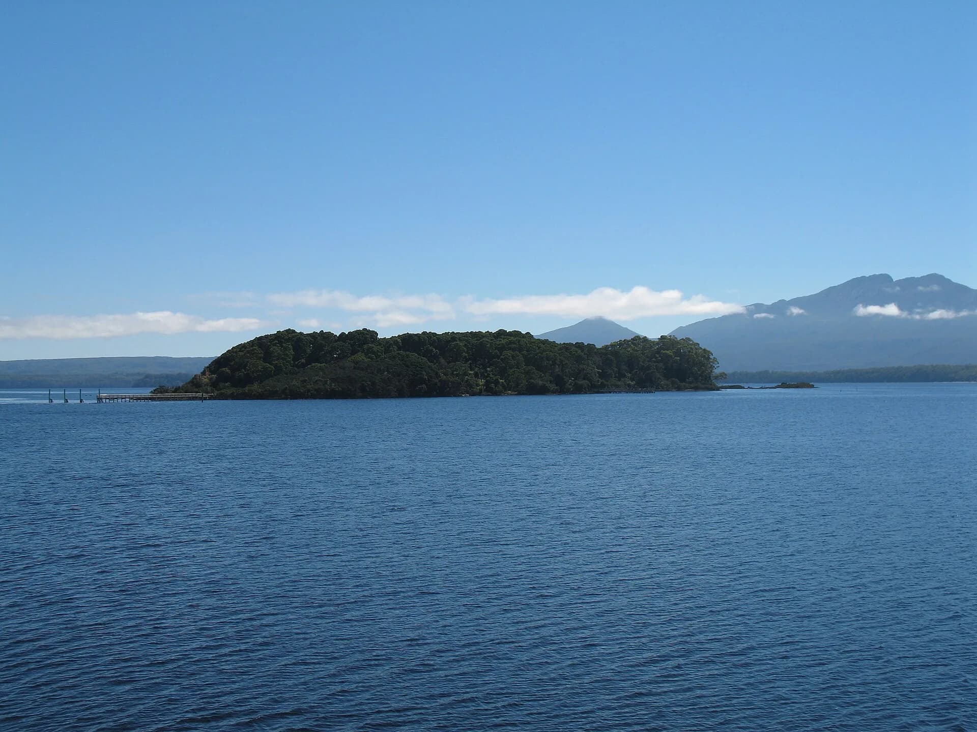Sarah Island surrounded by the waters of Macquarie Harbour