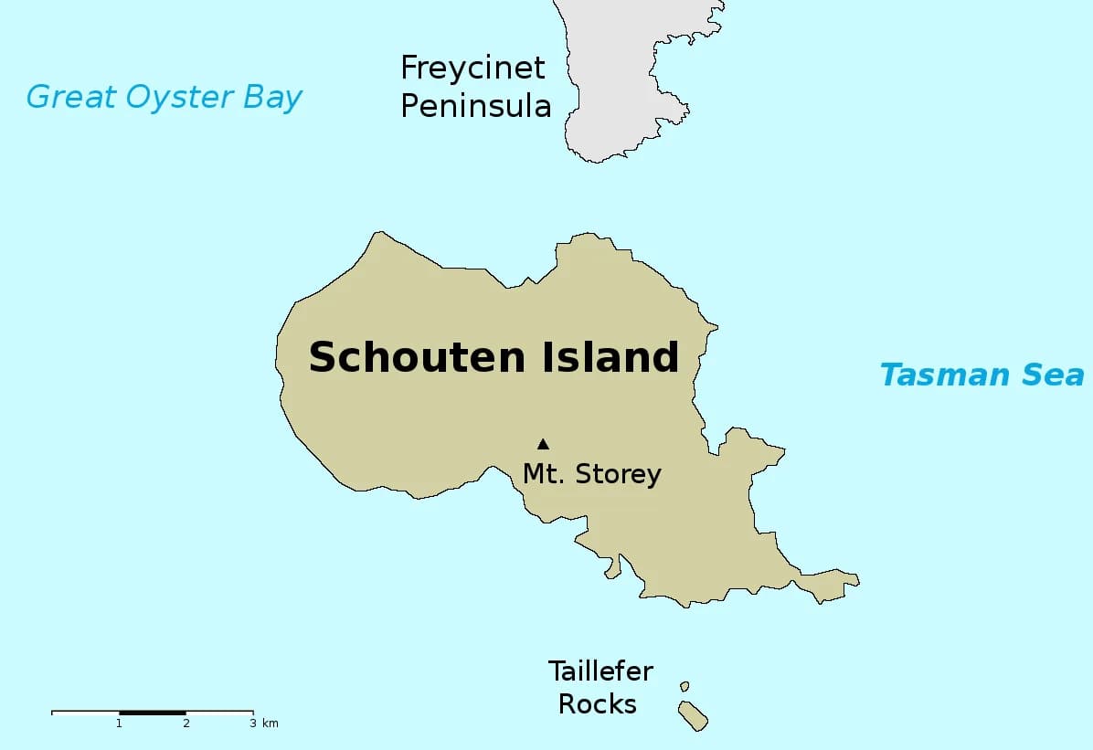 Map locating Schouten Island south of Freycinet Peninsula