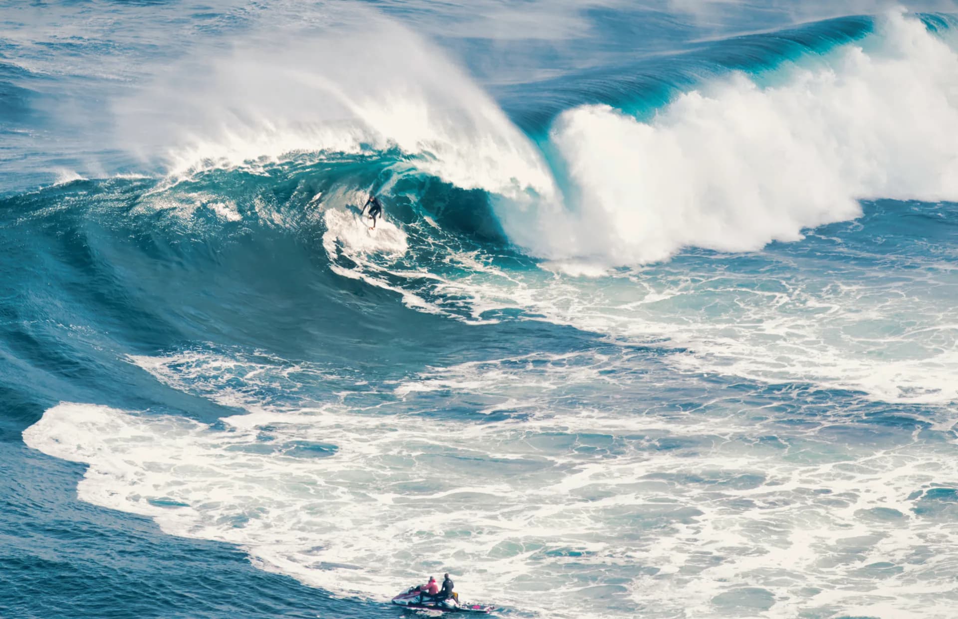 Expert surfer riding a large wave at Shipstern Bluff