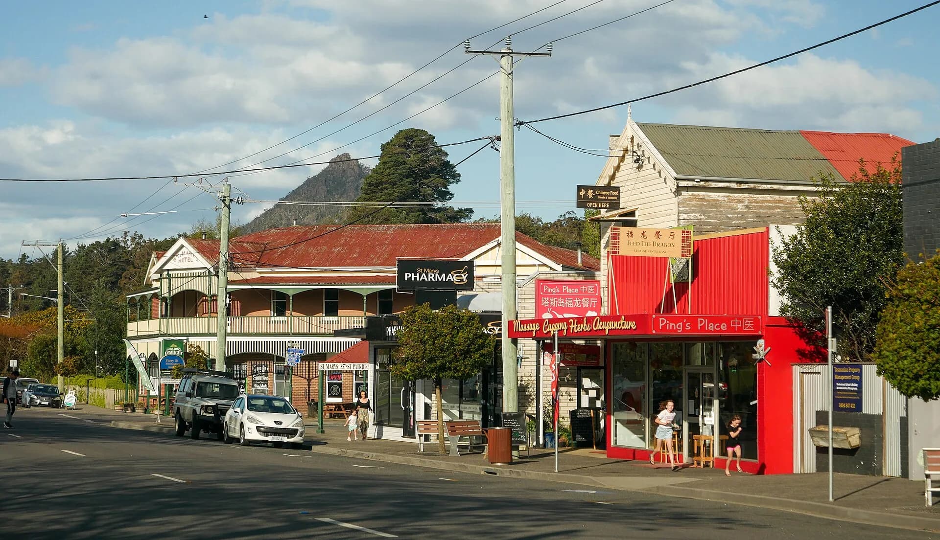 St Marys township beneath forested hills