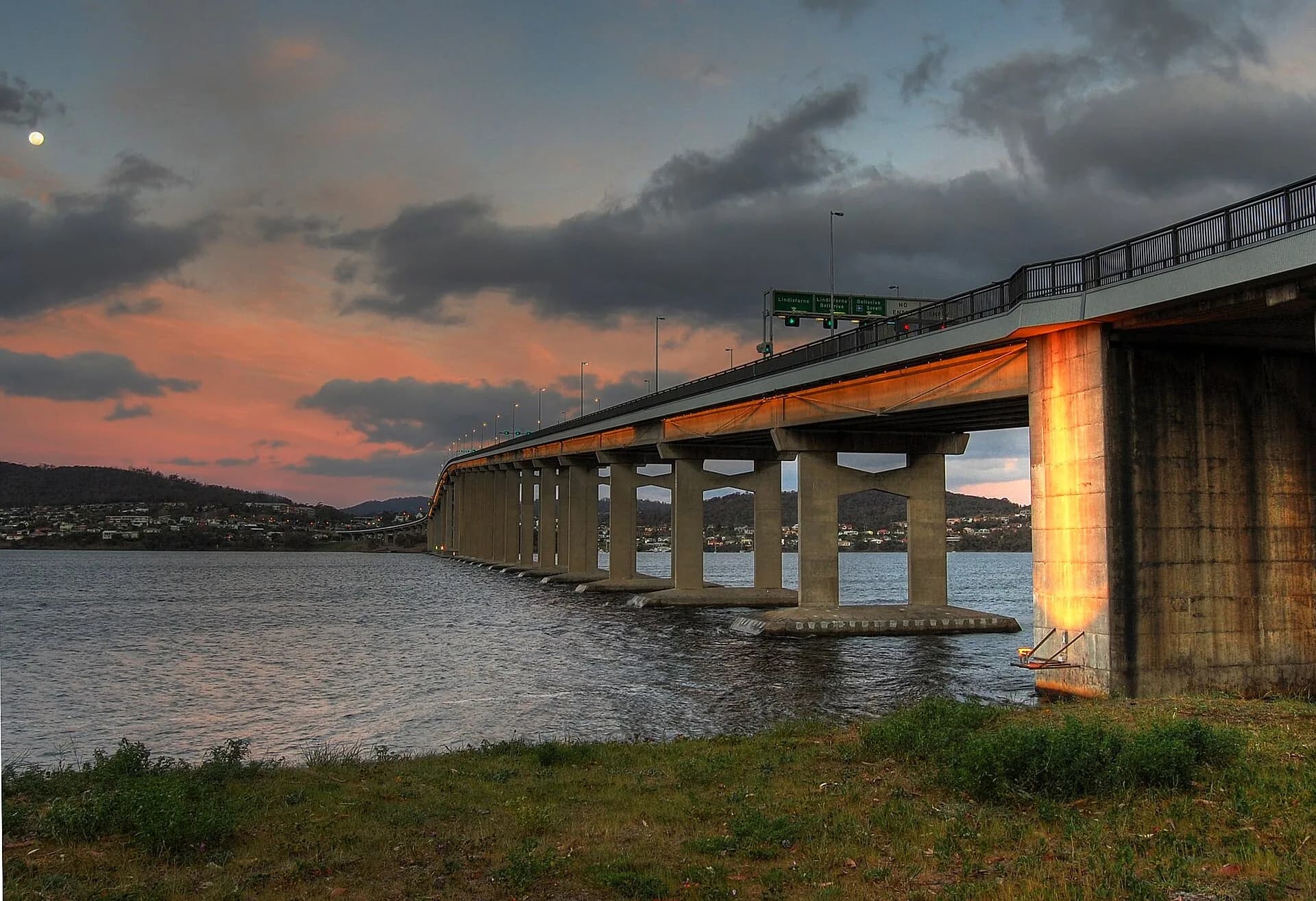 Tasman Bridge illuminated at dusk
