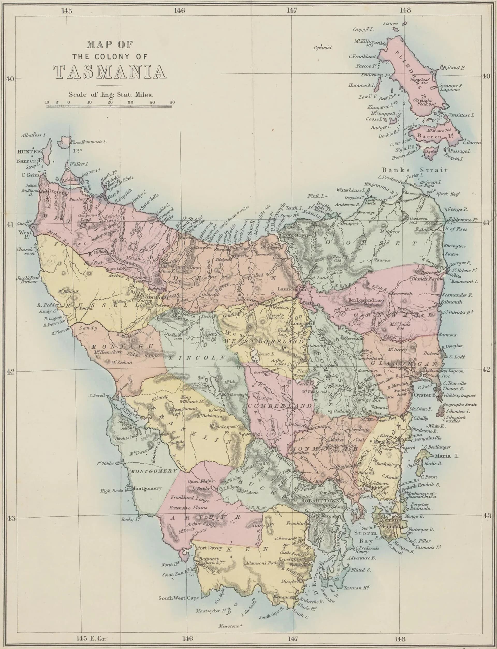1873 map showing Tasmanian counties and place names