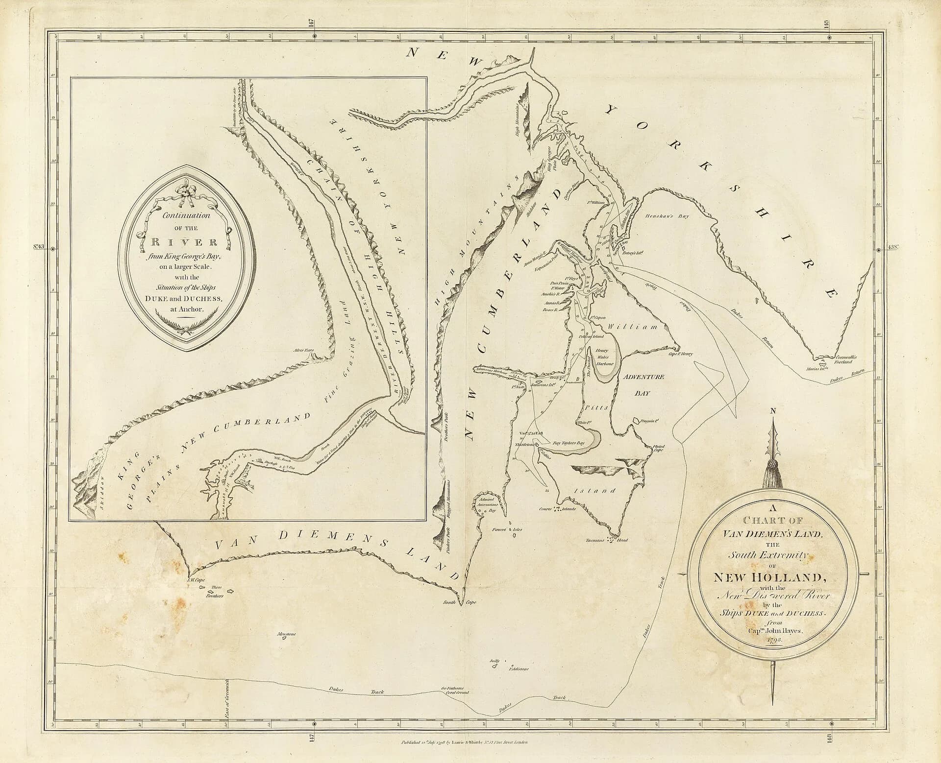 Historical chart of southern Van Diemen’s Land and the River Derwent from 1798