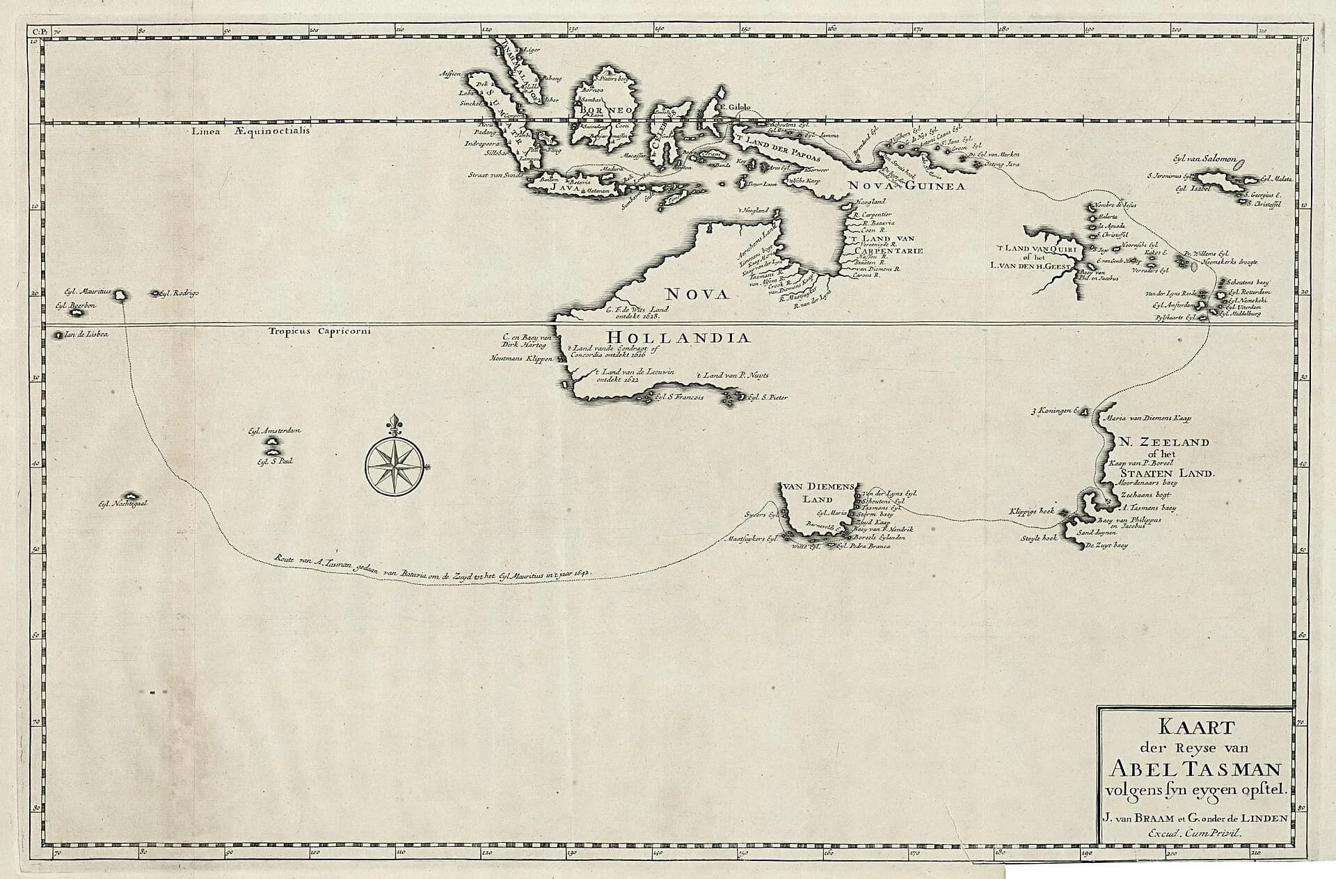 Historic map showing Abel Tasman’s 1642 voyage route south of Australia