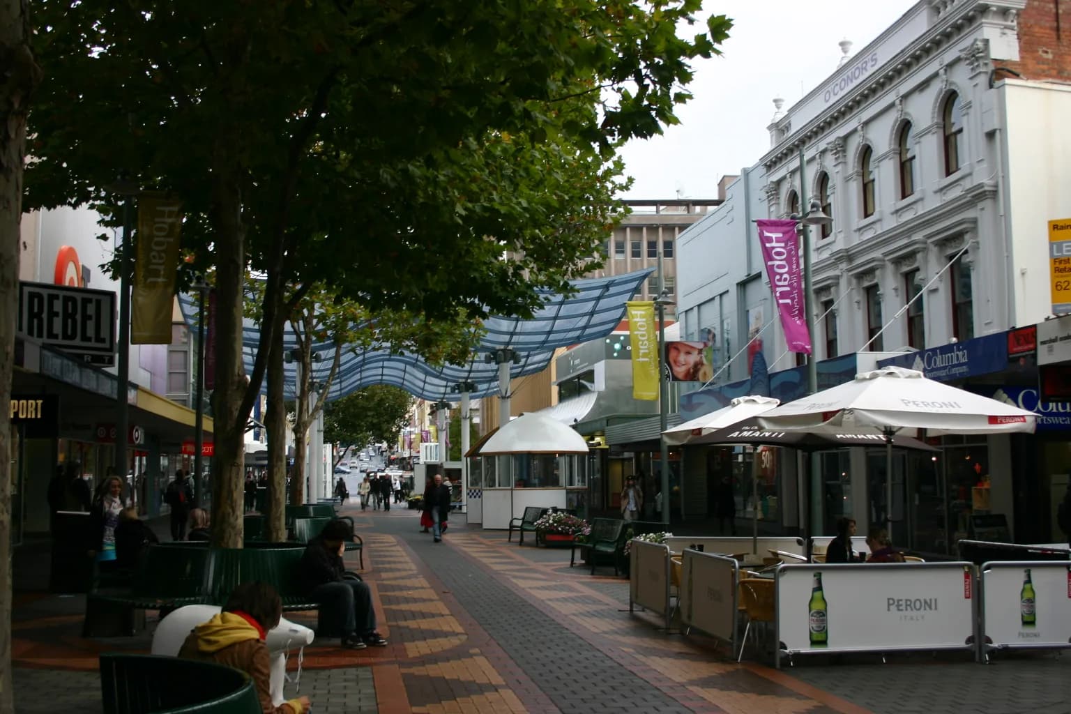 Pedestrians and shopfronts in the Elizabeth Street Mall in central Hobart