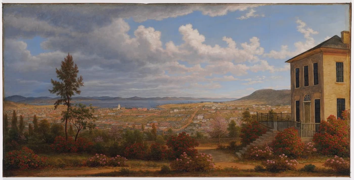Historical painting of Hobart Town beneath kunanyi