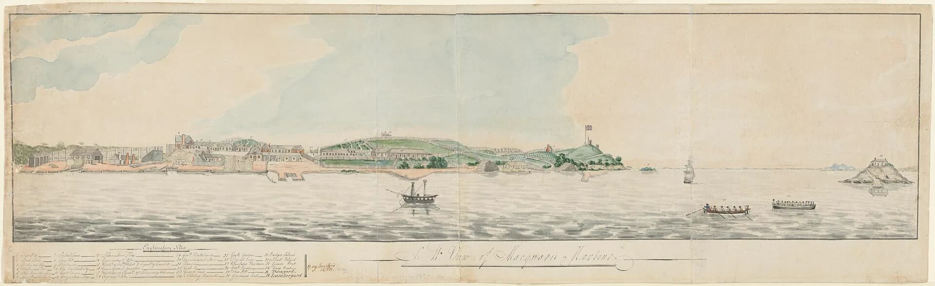 Historic 1828 view across Macquarie Harbour