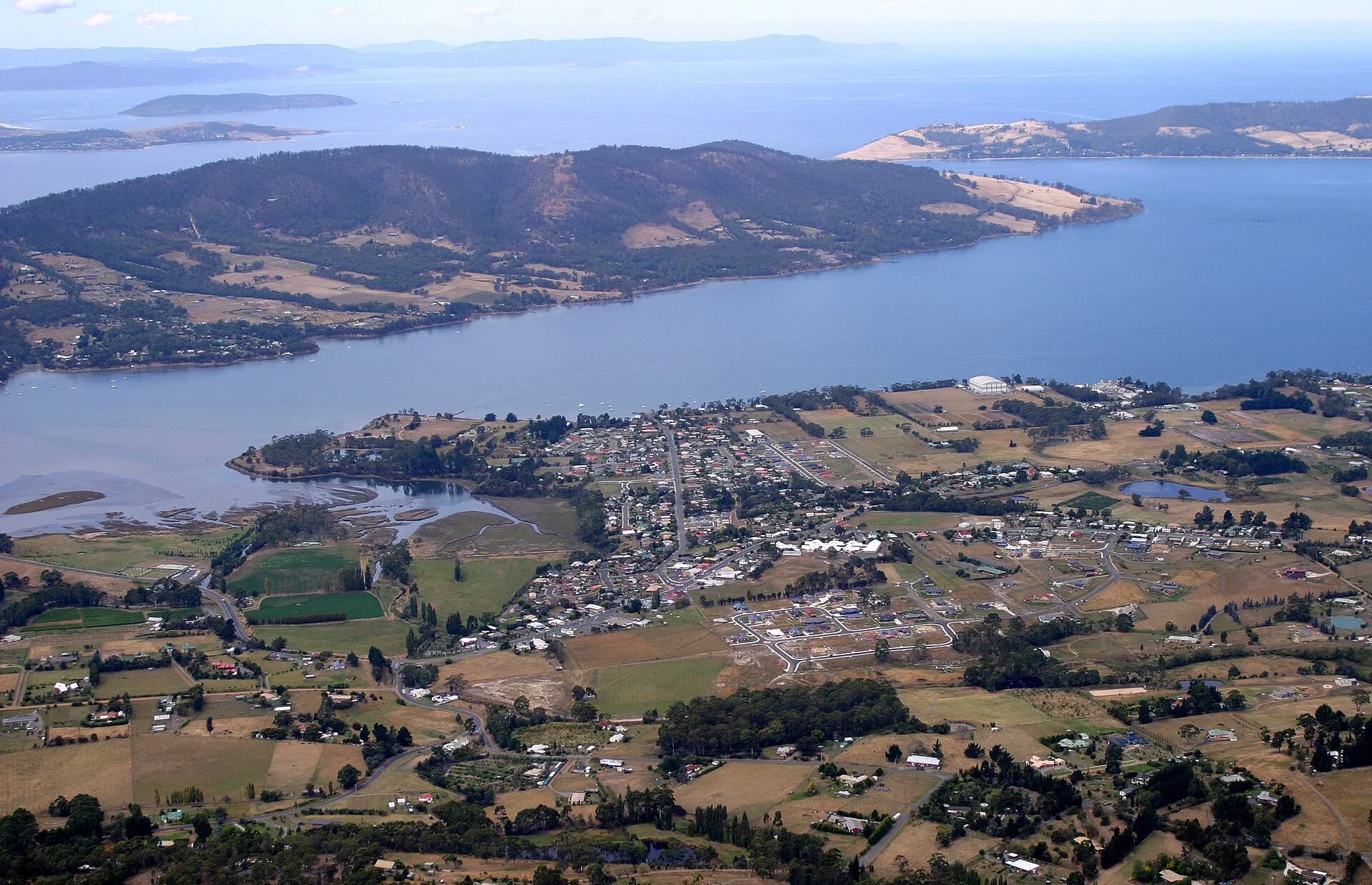Aerial view of Margate surrounded by green rural land south of Hobart