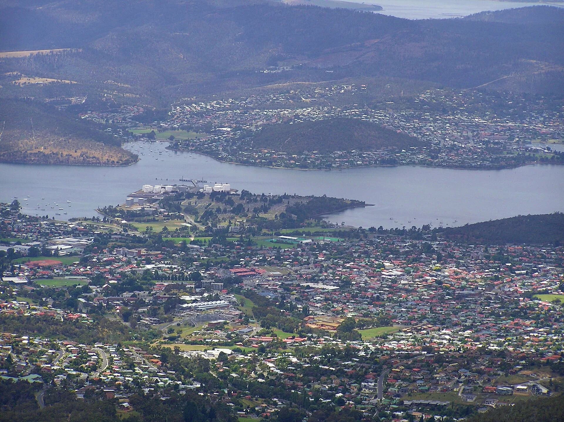 Residential street and foothill view in New Town, Hobart