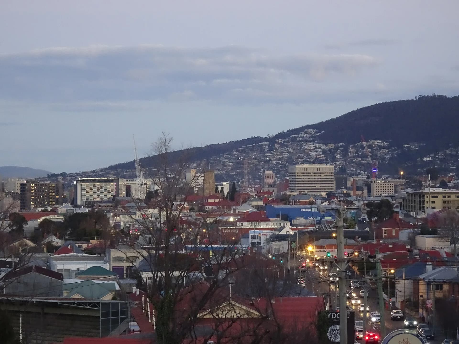 Roofs and close-set houses across North Hobart