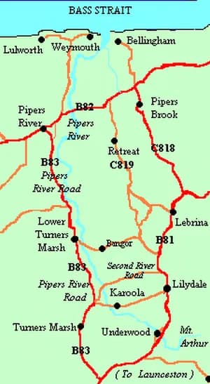 Map of Pipers River, Lilydale and surrounding north-east roads
