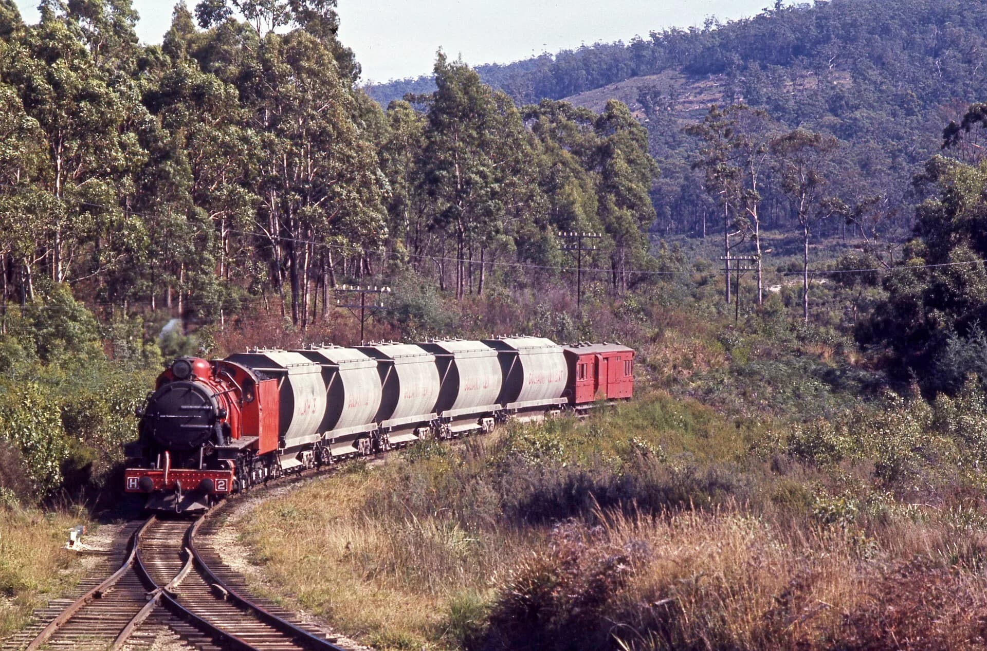 Cement freight train travelling from Railton in 1970