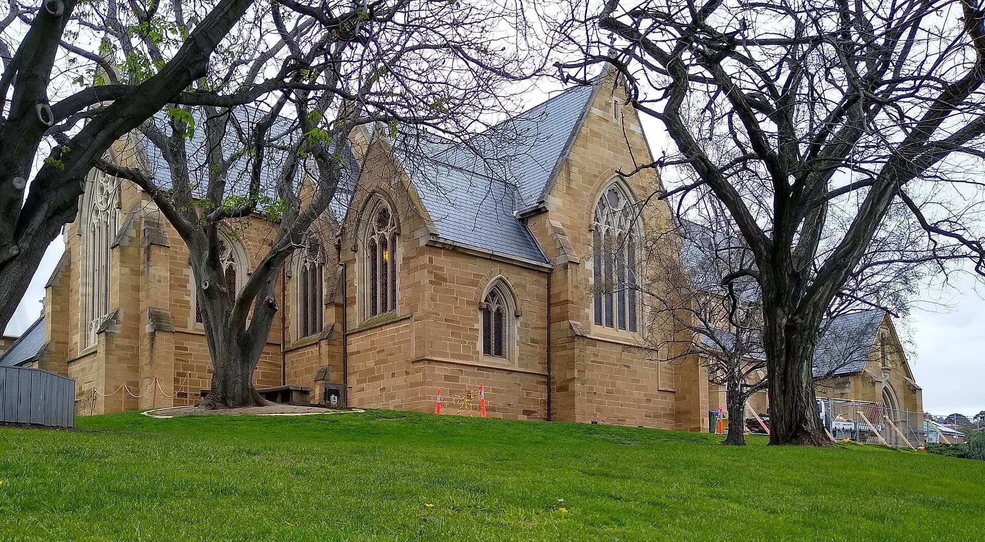 Stone façade and tower of St Mary’s Cathedral in Hobart