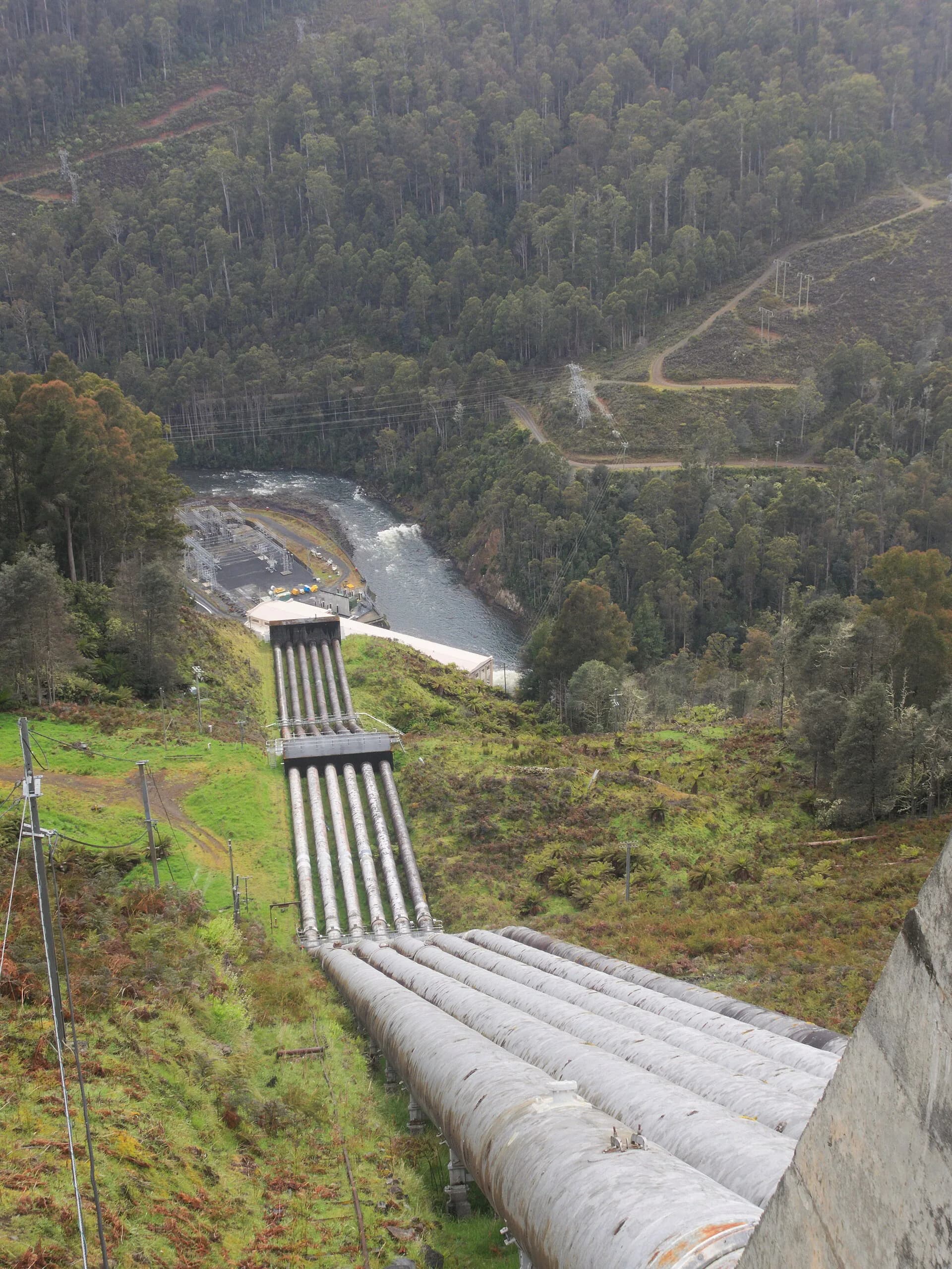 Large steel penstocks descending towards Tarraleah Power Station