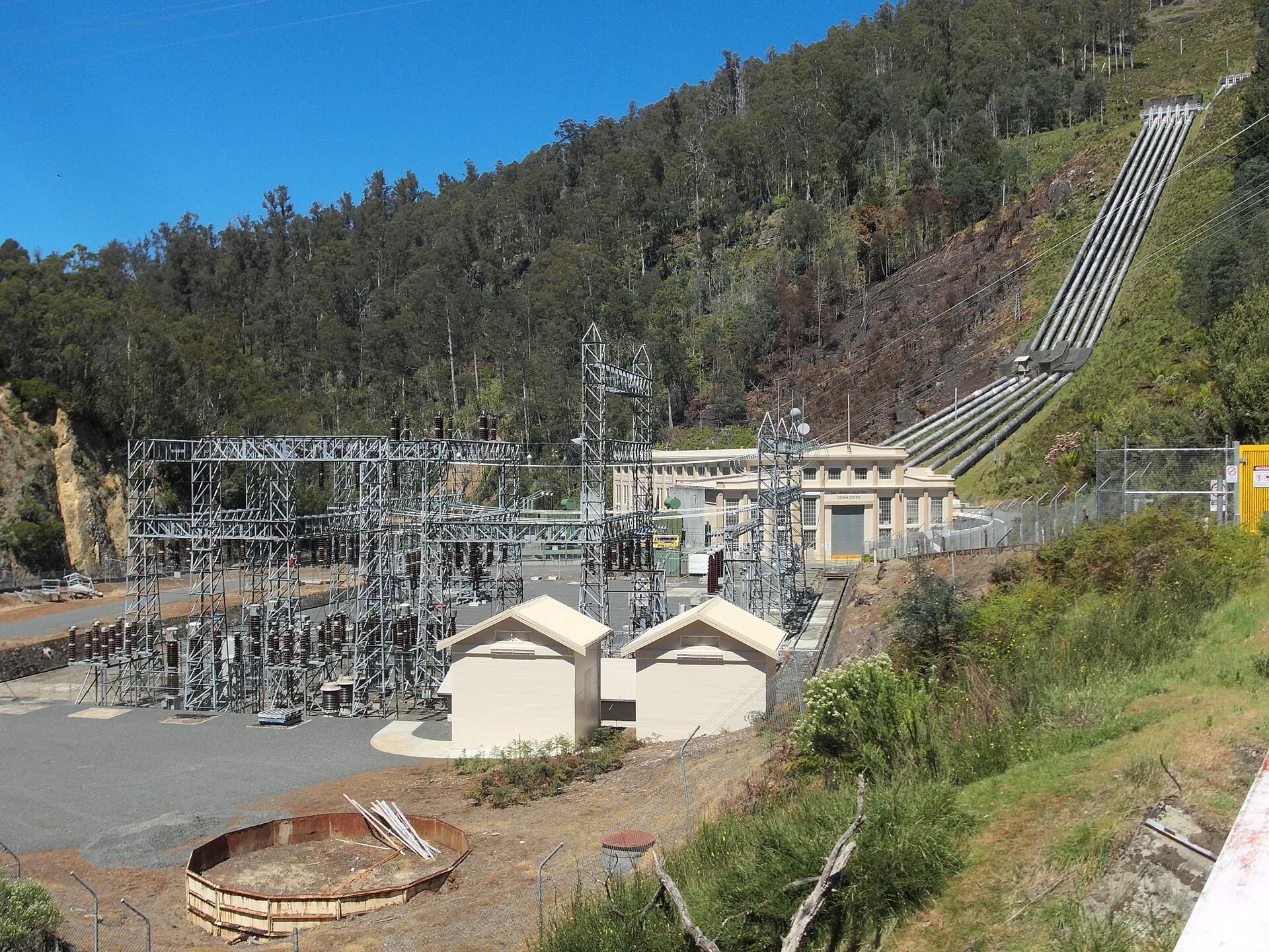Tarraleah power station buildings beneath the highland escarpment