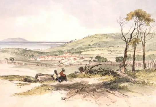 John Skinner Prout drawing of buildings at the Wybalenna Aboriginal Establishment