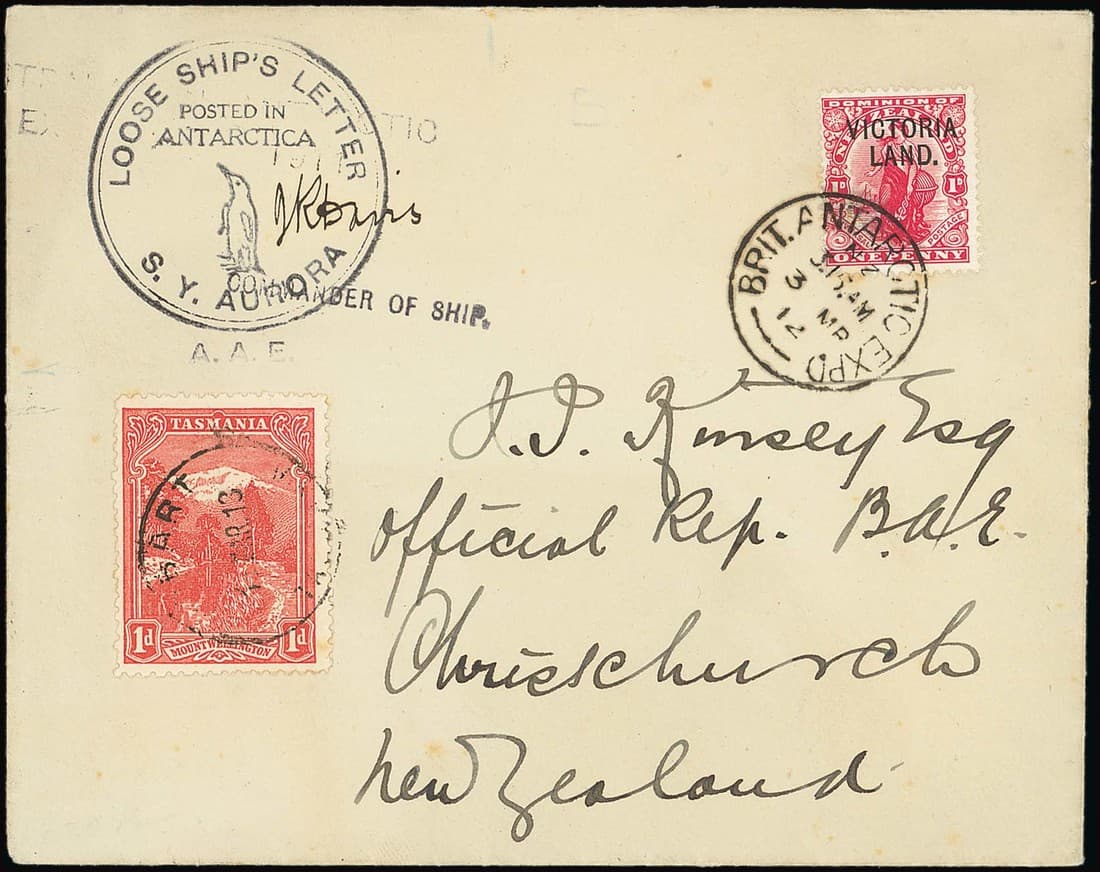 1912 (3 Mar.) envelope to New Zealand, bearing Victoria Land 1d. tied by "brit. antarctic expd" c.d.s., showing fine "loose ship's letter/posted in/antarctica/s.y. aurora/a.a.e." circular cachet, signature of J.K. Davis with "commander of ship" h.s. below, the envelope then travelled to Hobart where a Pictorial 1d. was applied and cancelled (17.3.13).