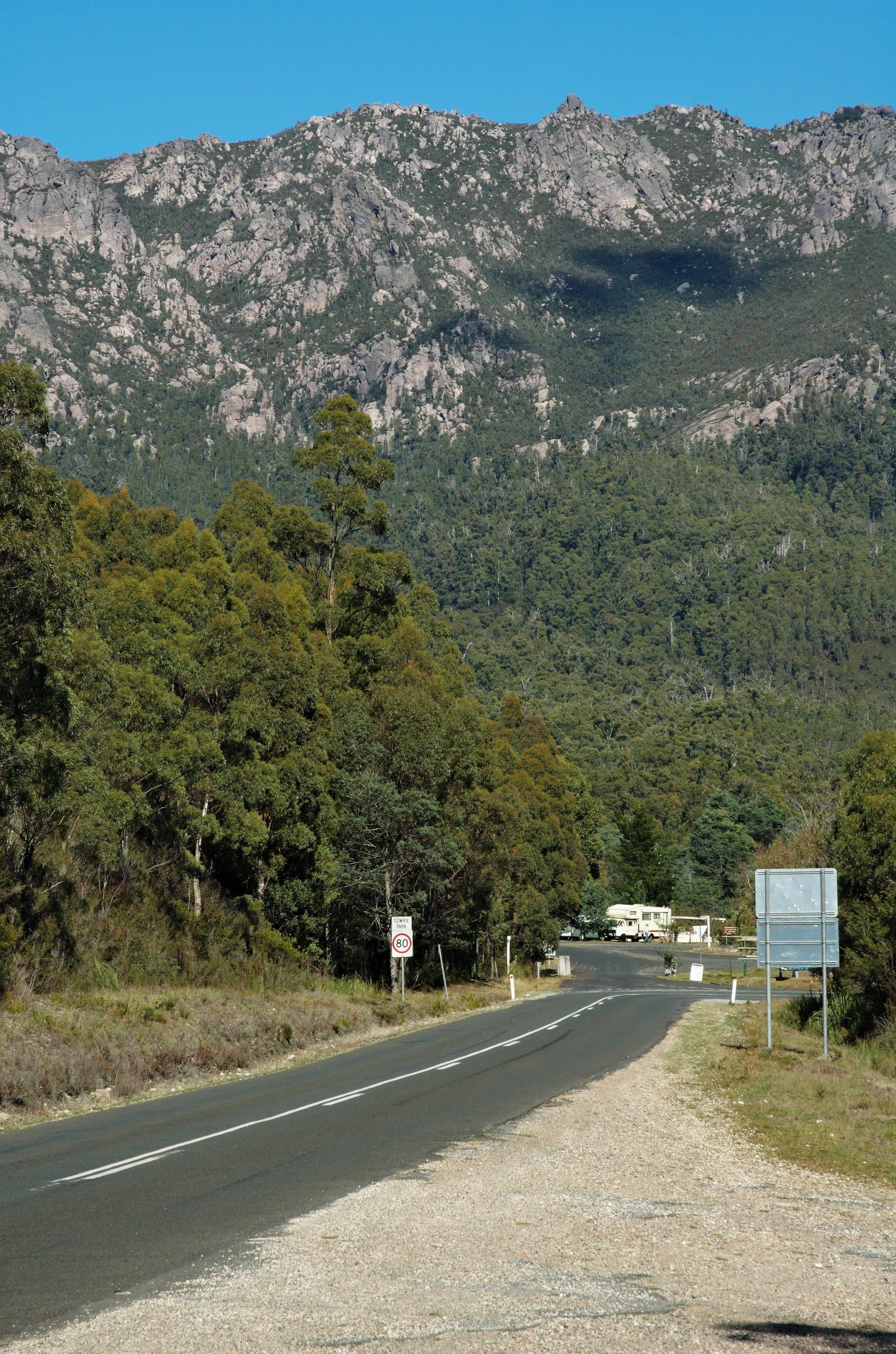 Parking spot on Claude Road (C136) at O'Neils Creek looking towards Gowrie Park with Mount Claude (I think) in the background.