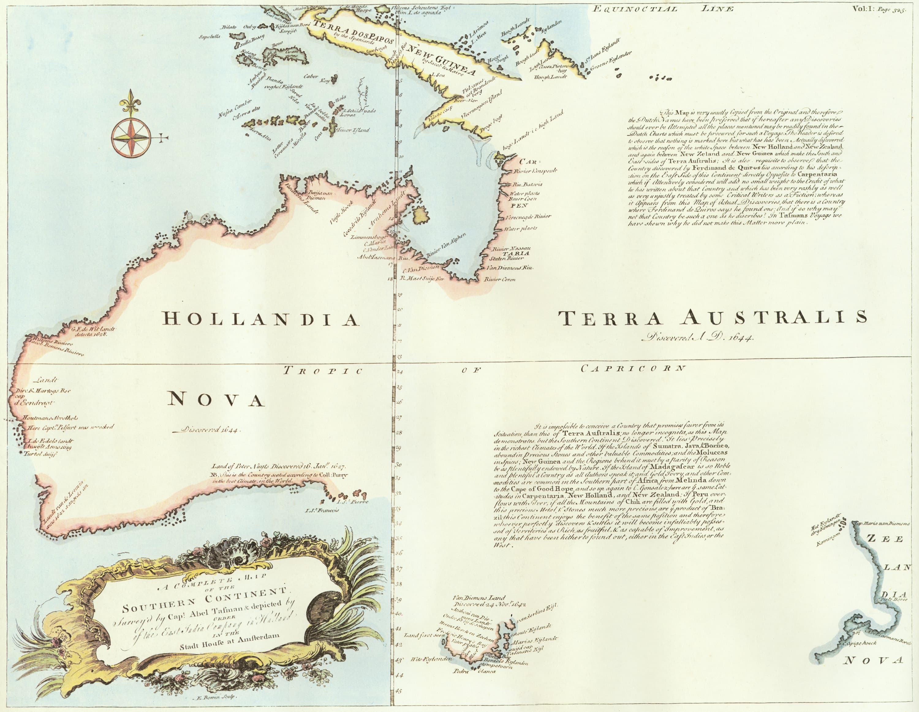 A Complete Map of the Southern Continent Survey'd by Capt. Abel Tasman & Depicted by Order of the East India Company in Holland in the Stadt House at Amsterdam (E. Bowen, Sculpt.), one of the Emanuel Bowen maps added to the 1744 2nd edition of John Harris's 1705 Navigantium atque Itinerantium Bibliotheca, or, A Complete Collection of Voyages and Travels , a translation and reprint of Melchisédech Thévenot's 1664 map.