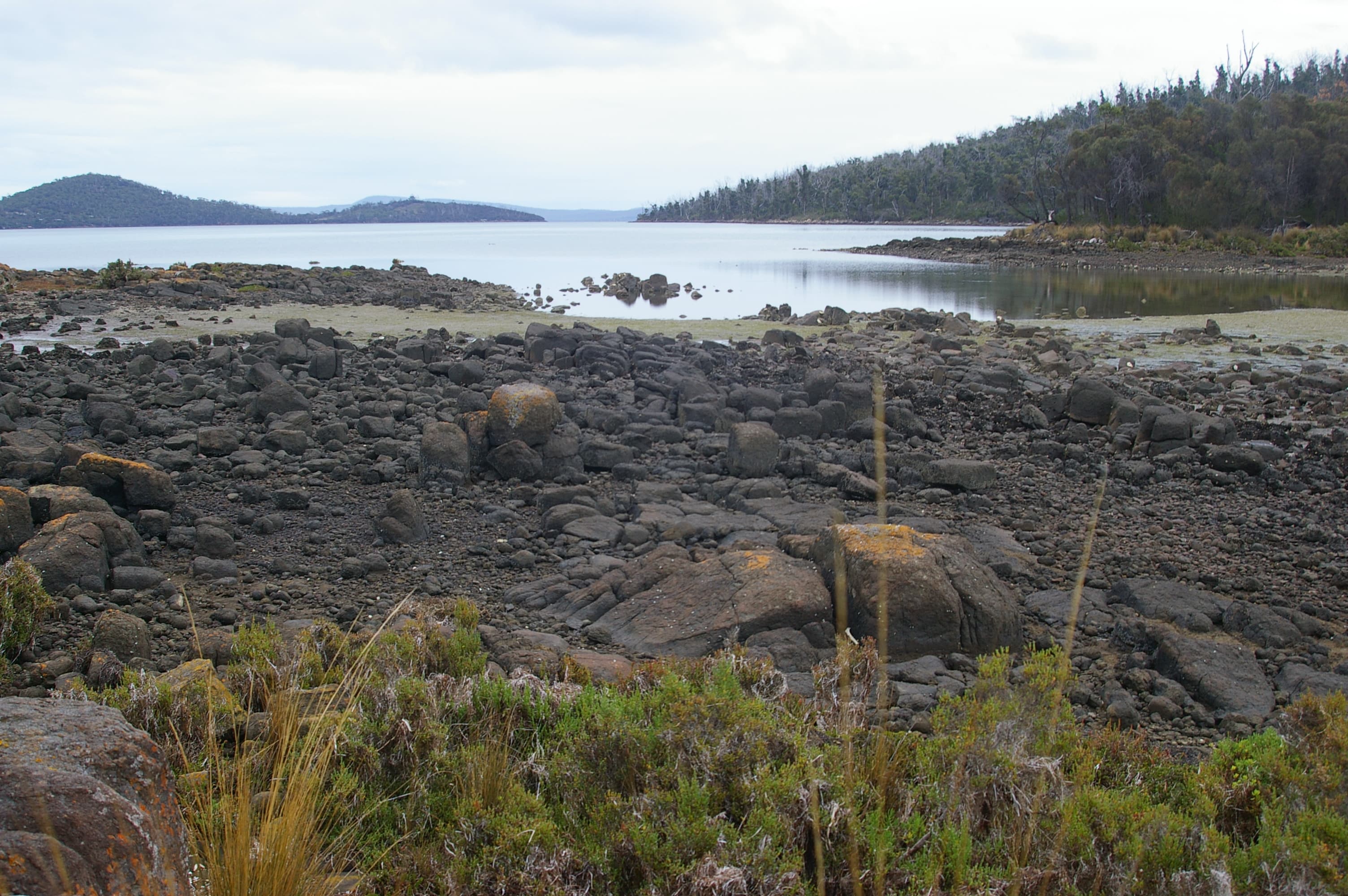 View across King George sound towards Chronicle Point Conservation Area and Lime Bay State Reserve, Tasmania